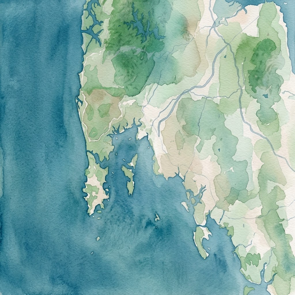 Illustrated watercolor map of Phuket, Krabi, Koh Phi Phi, Trang and Koh Lanta